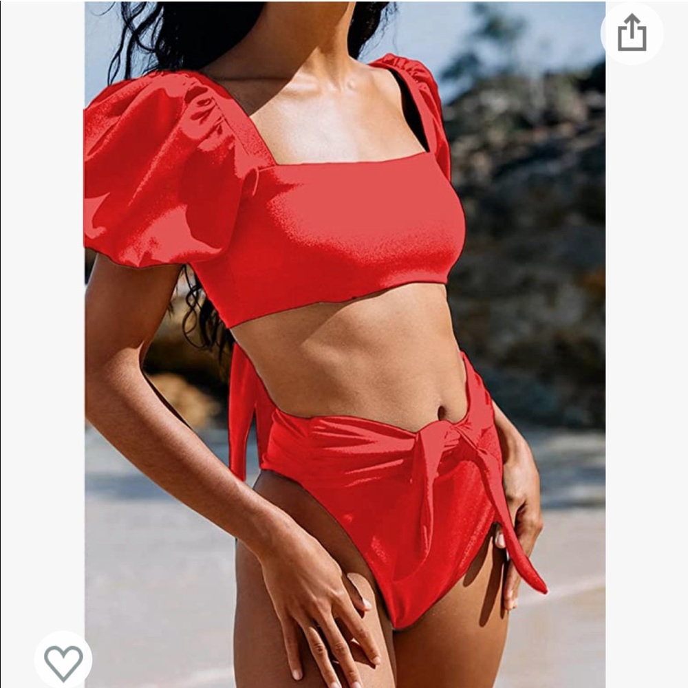 red high waisted puff-sleeve bikini